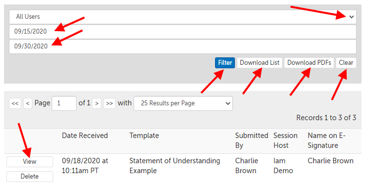Filters for searching e-documents. Parameters and buttons described above. Columns in image: Date Received, Template, Submitted By, Session Host, Name on E-Signature