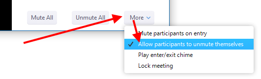 "More" menu, "Allow participants to unmute themselves" option