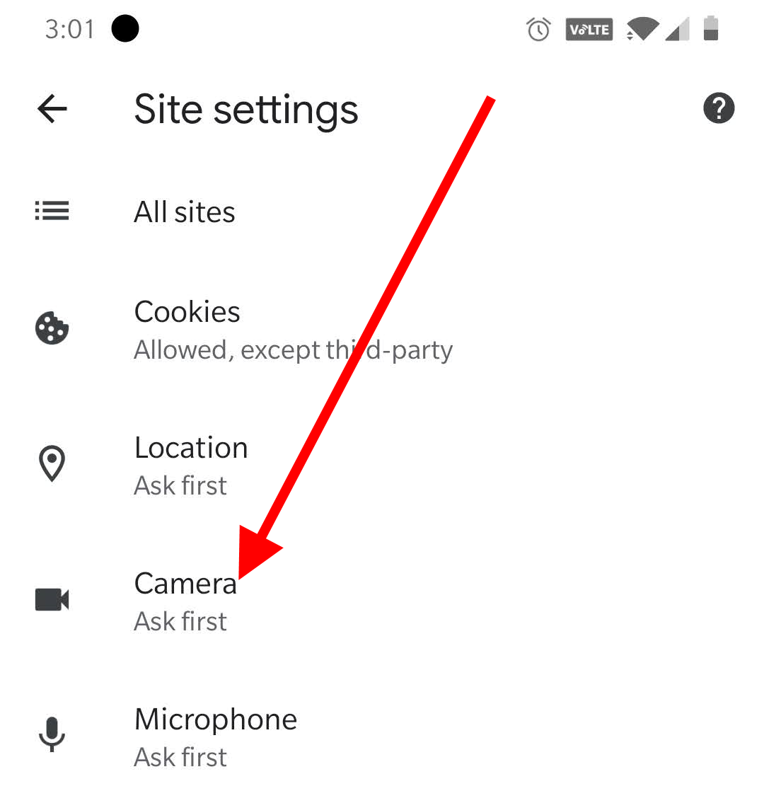 Arrow pointing at "Camera".
